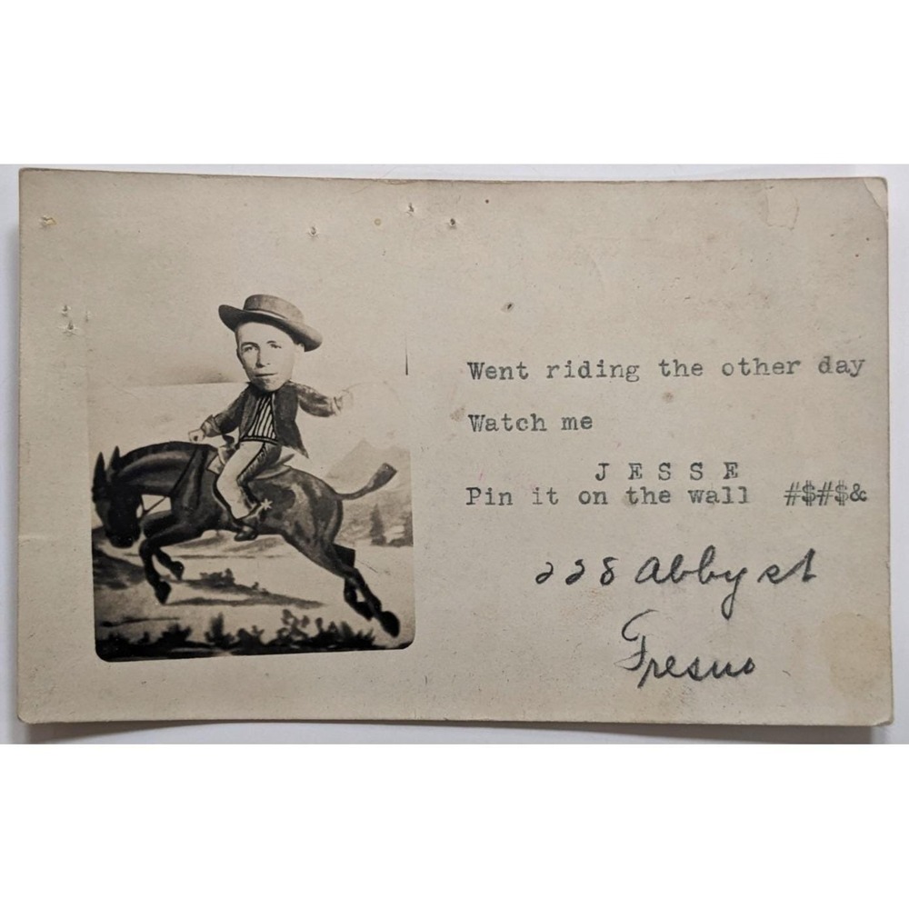 Antique RPPC Humor Cowboy Riding Horse Novelty Studio Prop Exaggeration Fresno